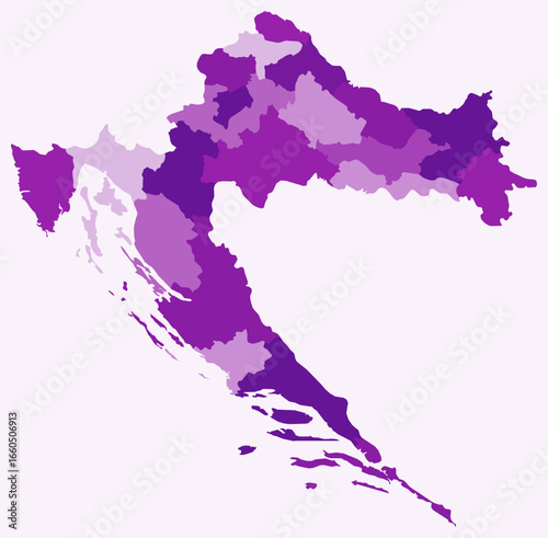 Map of Croatia with regions. Just a simple country border map with region division. Purple color palette. Blank Croatia shape with administrative division. Vector illustration.