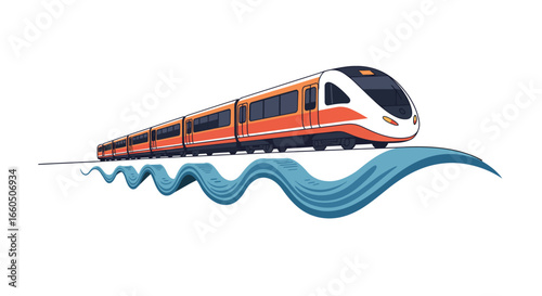 Modern high-speed train glides over stylized blue waves in dynamic design