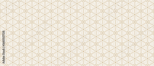 Golden minimal vector linear geometric seamless pattern with floral silhouettes, leaves, hexagonal grid, thin lines. Abstract gold and white outline texture. Luxury oriental background. Repeat design