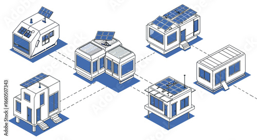 Modern sustainable tiny homes with solar panels in isometric design