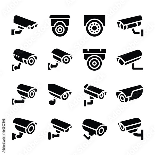 Surveillance Icons: A collection of security camera icons. These vector illustrations showcase a variety of designs for visual appeal, representing surveillance and monitoring technology. 