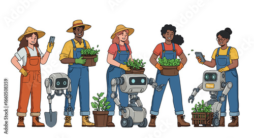 Diverse group of farmers and robots collaboratively gardening and caring for plants