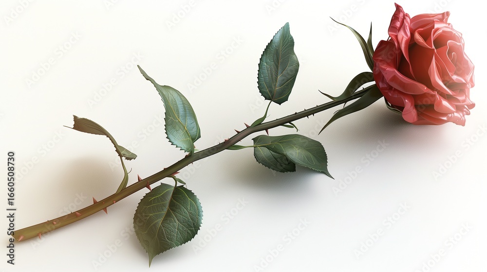Fototapeta premium A single red rose with stem and leaves laying on a white surface in a horizontal composition
