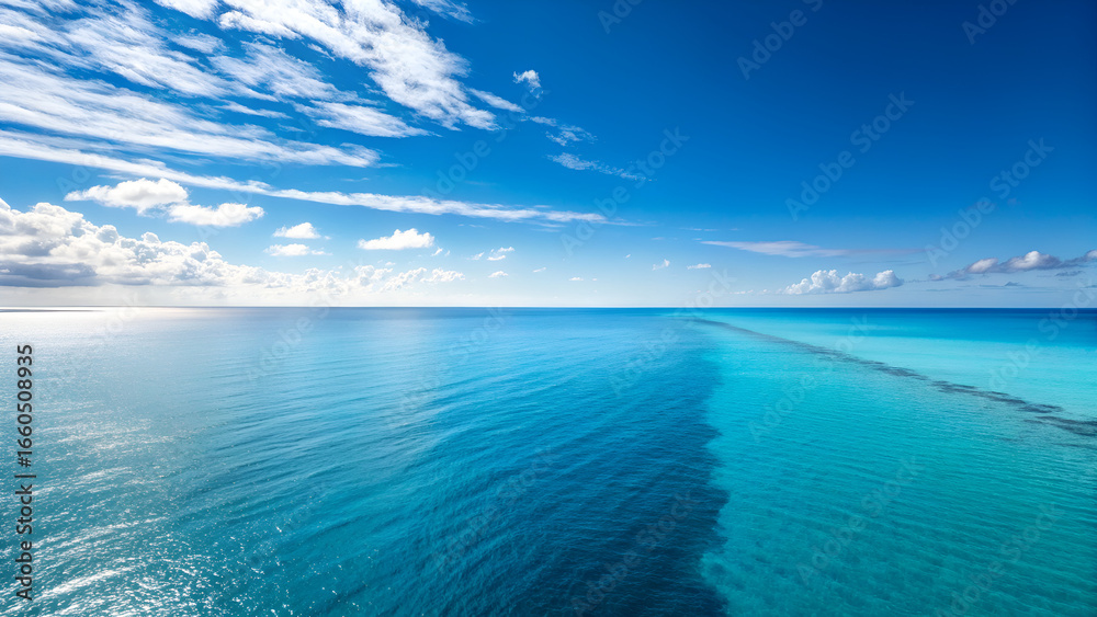 Obraz premium A wide-angle shot of calm blue ocean meeting a clear bright sky, minimalist composition, neat horizon line, clean natural background.