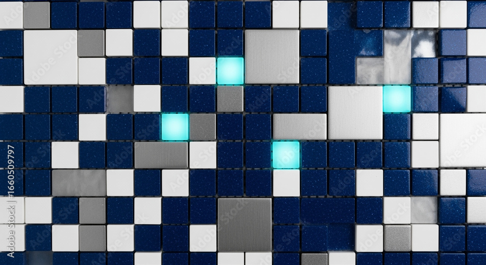 Fototapeta premium Blue white and silver mosaic tiles with glowing cyan squares