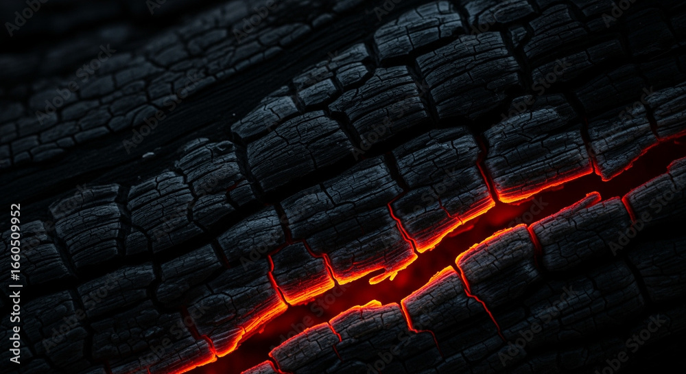 Obraz premium Close-up of glowing red embers within cracked burnt wood texture