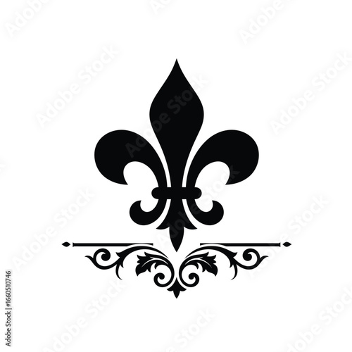 Black fleur de lis with ornamental flourish vector