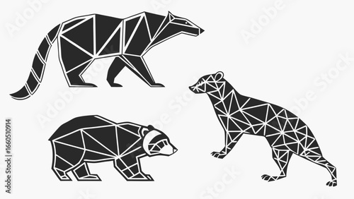 Geometric illustrations of a raccoon, badger, and weasel in a minimalist black and white design.