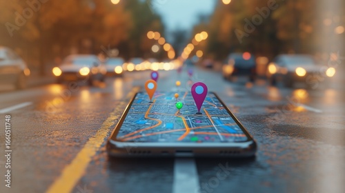 A smartphone displaying a map with location pins placed on a wet road with cars and blurred lights
