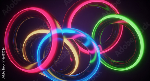 Colorful neon Olympic rings intertwined in dark background