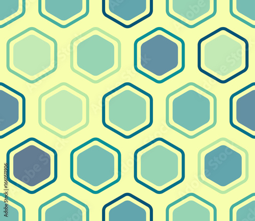 Geometric pattern. Bold rounded hexagons mosaic cells with padding and inner solid cells. Large hexagons. Multiple tones color palette. Seamless pattern. Tileable vector illustration.