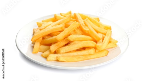 Crispy golden french fries on a white plate