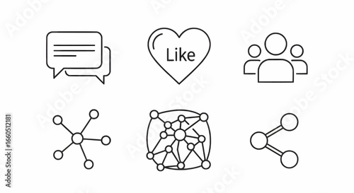 Social media and teamwork outline icons featuring people, community, and interaction symbols, perfect for networking, communication, and social connection design