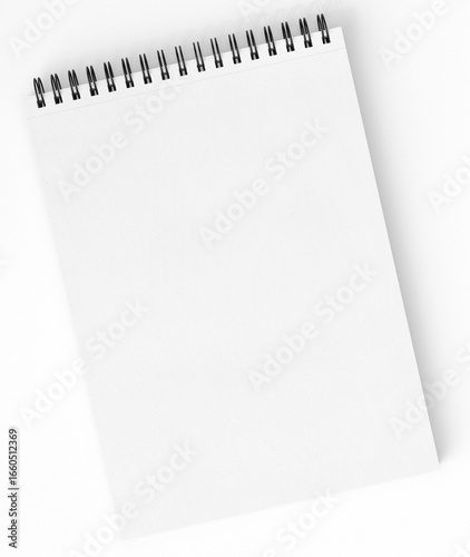 Empty sketchbook with spiral binding lying on white surface. Minimal stationery mockup for drawing, school, art, and creative projects. Top view.