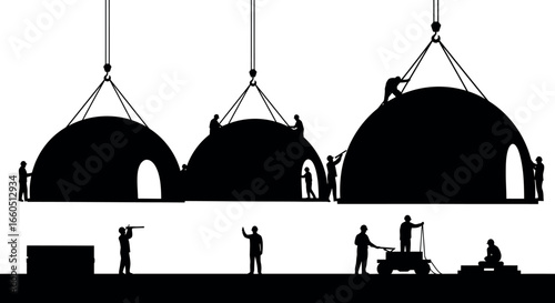 Dome construction process with workers and cranes in silhouette style