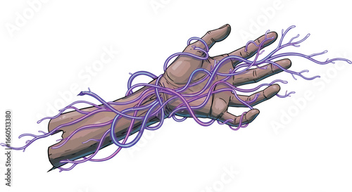Futuristic cybernetic arm with organic vines in dynamic style