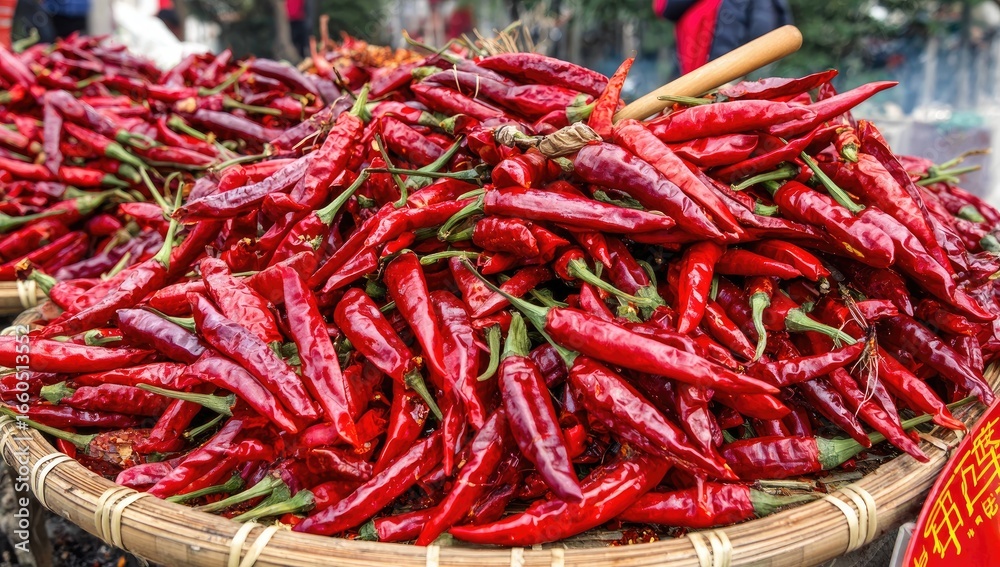 Fototapeta premium Dried red chili peppers overflowing a woven basket