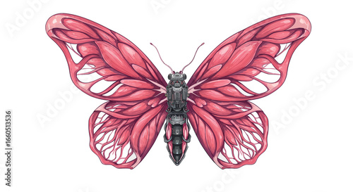 Futuristic mechanical butterfly with detailed pink wings on white background