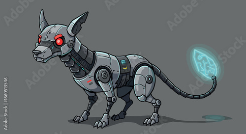 Futuristic robotic dog with red eyes and glowing tail on gray background