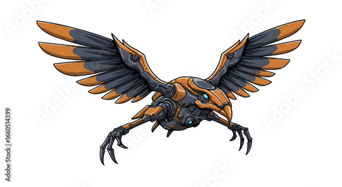 Futuristic robotic bird with detailed metal wings and claws
