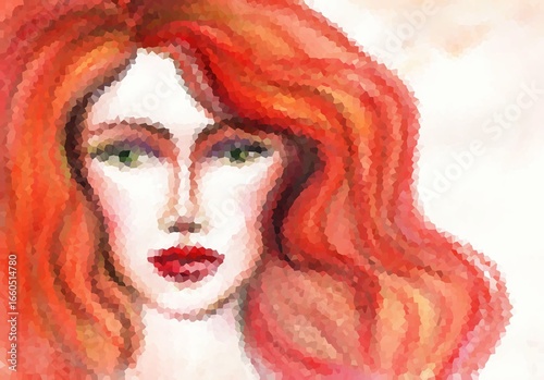 Illustration of a woman's face with red hair in watercolor style