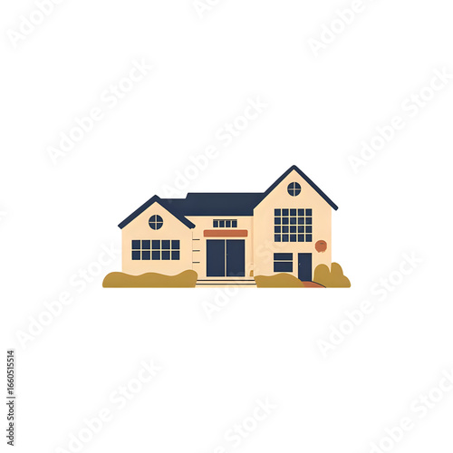 Modern two story house with large windows and dark roof