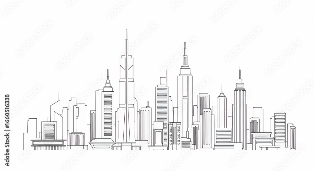 Naklejka premium Minimalist city skyline silhouette illustration with modern skyscrapers and urban architecture, perfect for travel design, real estate branding, and cityscape art