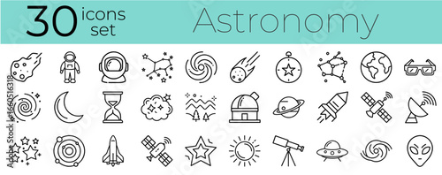 Astronomy icon set featuring 30 outlined designs of celestial bodies  
