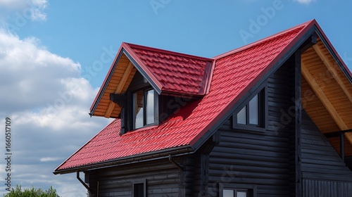 Wallpaper Mural House with Red Metal Roof and Dark Siding Under Blue Cloudy Sky Torontodigital.ca