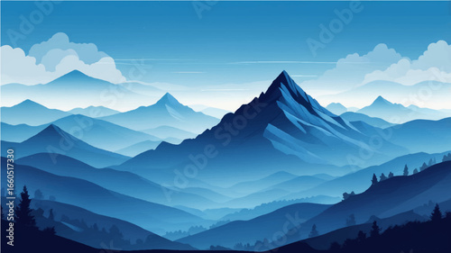 Morning mountain landscape with foggy peaks and clear sky