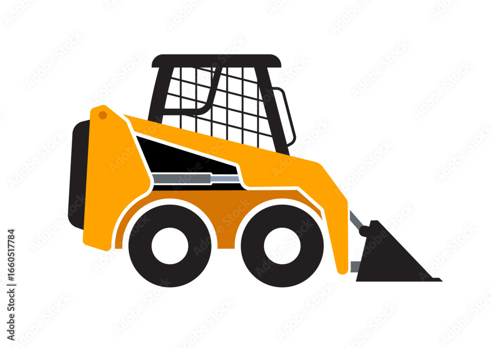 Naklejka premium compact skid steer loader earthmover digger yellow construction vehicle silhouette side view simplified vector isolated on transparent background