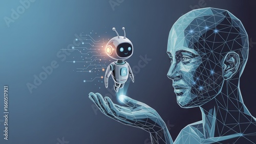 Futuristic metallic robot head cradles a small glowing digital ai companion in its open palm against a dark blue background