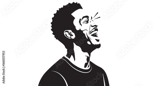A stylized black and white illustration of a man with his mouth open, eyes closed, and head tilted back in an expression of joy or excitement.