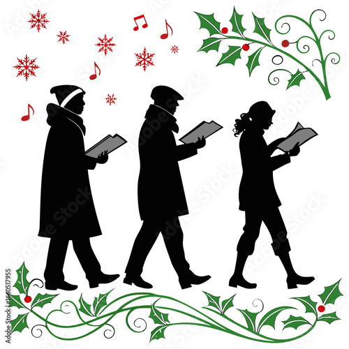 Silhouette Christmas Carolers Walking, Festive Holly, Snowflakes, Music Notes; Elegant Holiday Design