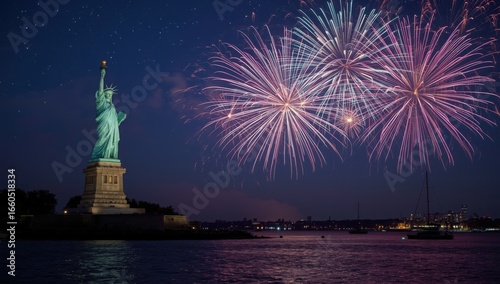 Statue of liberty illuminated with fireworks display over water at night in new york city harbor