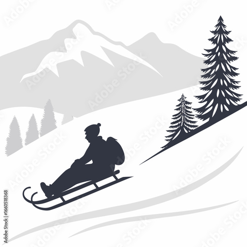 Serene Winter Silhouette: Person Sledding Down Snowy Mountain Slope,  Coniferous Trees, Minimalist Design.