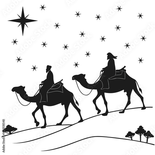 Wise Men Silhouette: Starlit Camel Journey,  Biblical Christmas Illustration, Black and White Vector Graphic