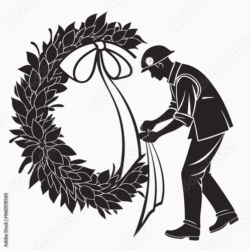 Monochromatic illustration: Worker placing commemorative wreath, somber tribute, remembrance, respectful, solemn ceremony.