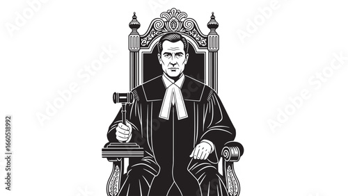 A judge in traditional robes sits on an ornate chair, holding a gavel, ready to preside over a legal proceeding.