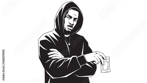 A man wearing a hooded sweatshirt stands with his arms crossed, holding a small plastic bag in his outstretched hand, appearing to offer it.