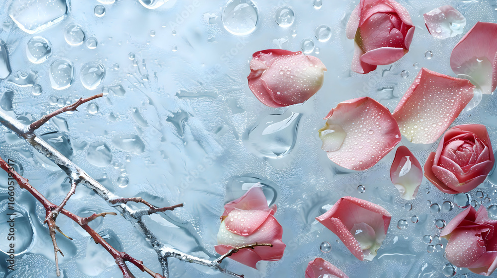Fototapeta premium Delicate pink rose petals and buds with water droplets on a cool blue textured background