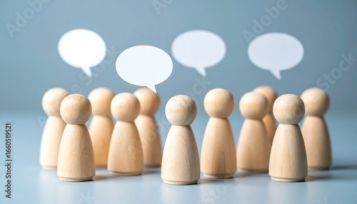 Wooden figures gather, speech bubbles above, suggesting communication or a meeting
