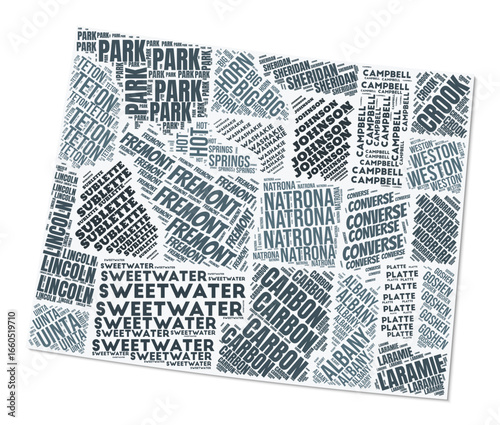 Wyoming shape text cloud. State border with shadow on white background. Wyoming with counties division in vintage gazette style. Artistic vector illustration.
