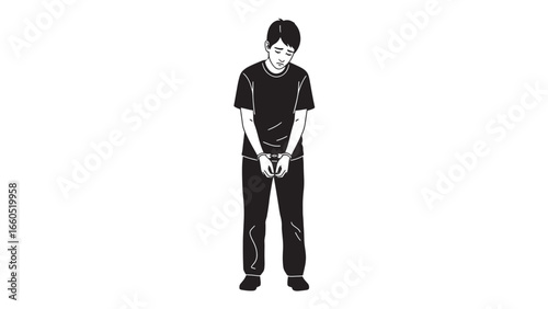 A young man stands with his head bowed, wearing handcuffs on his wrists, suggesting a moment of arrest or confinement.