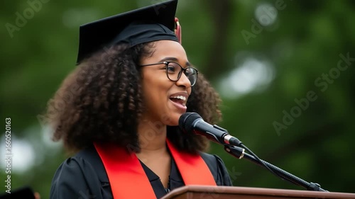Young woman graduation speech celebration academic achievement outdoor event