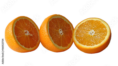 Freshly sliced, juicy orange halves on a crisp white background