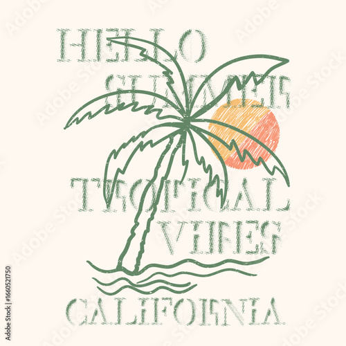 Hello summer palm vector, coconut trees vector . island, sea, coconut trees, vintage palm design illustration. 