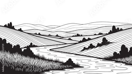 Rolling hills and a winding river create a serene, stylized landscape under a vast, open sky, evoking a sense of natural beauty and tranquility.