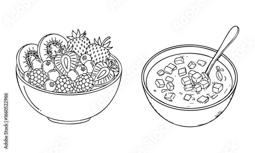Hand drawn line art illustration of two bowls of cereal with fruit and a spoon in one bowl