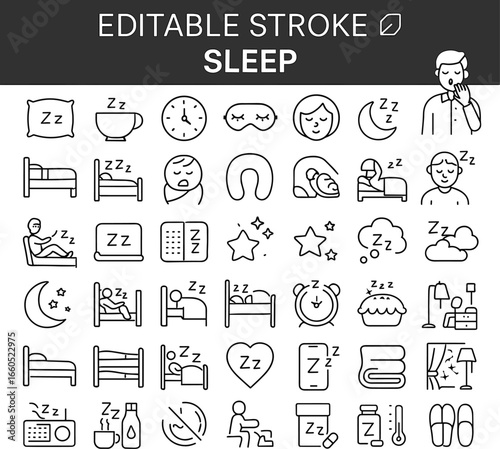 Sleep icon set, bed, pillow, moon, stars, alarm clock, sleep mask, dreams, slippers, relaxation, medicine, bedroom, night